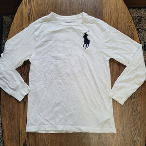 Polo Ralph Lauren White Long Sleeve Shirt with Navy Blue Logo Size Boy's M 10/12